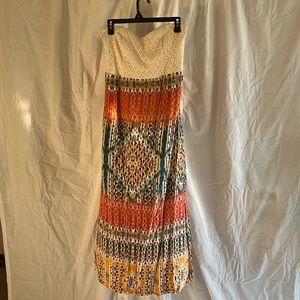 Orange, gold, cream & teal strapless maxi dress